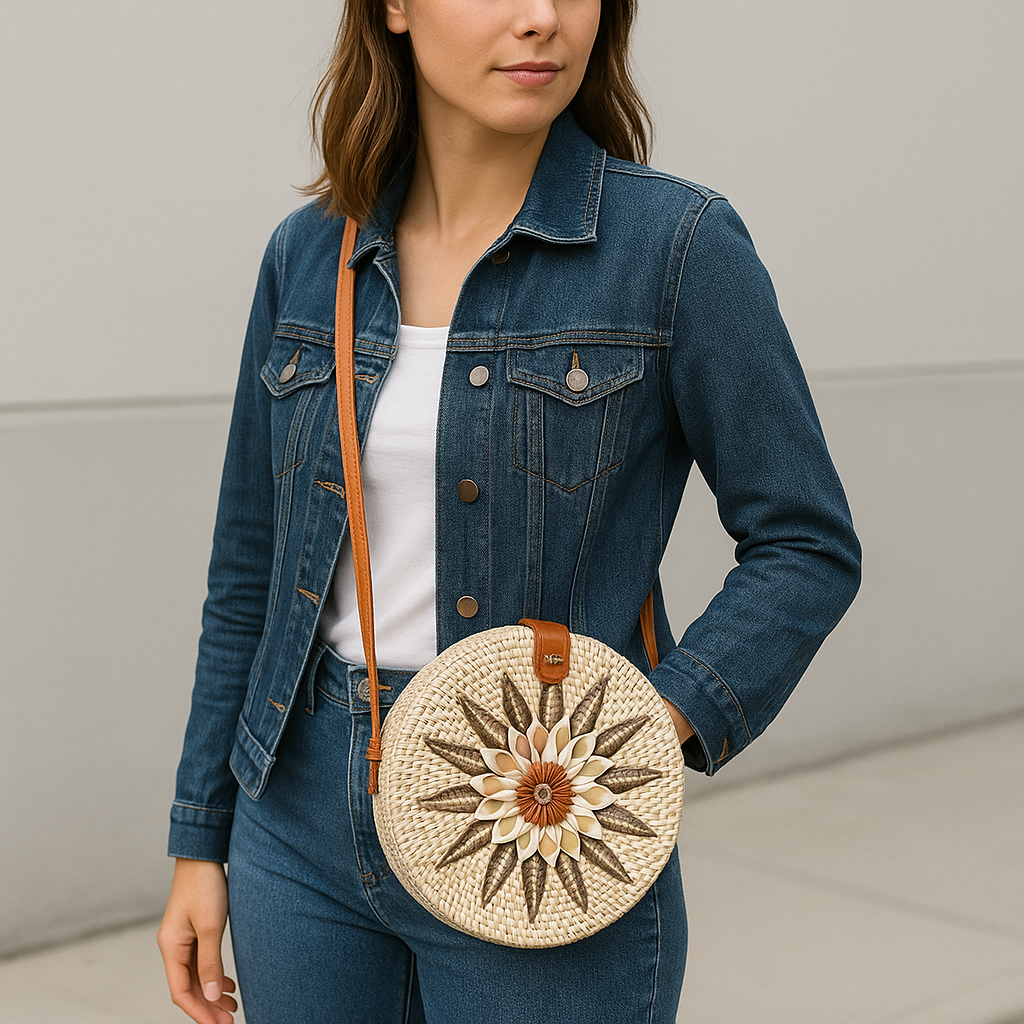 Woman wearing a denim jacket with a round woven bag featuring a floral design.