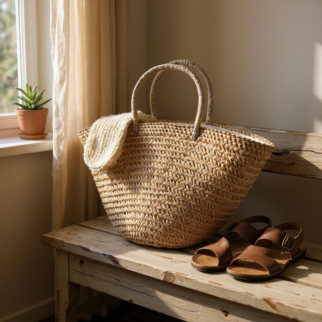 Woven basket and brown sandals on a wooden bench by a window with a plant.