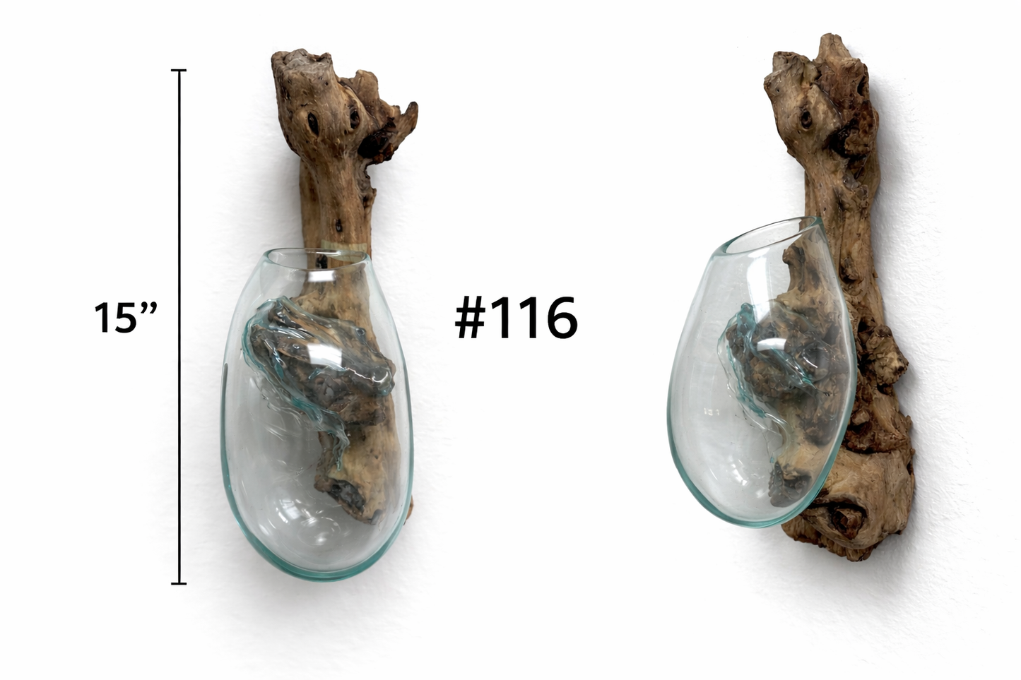 Two glass vases with natural wood accents, one with a measurement label and product number on a white background.