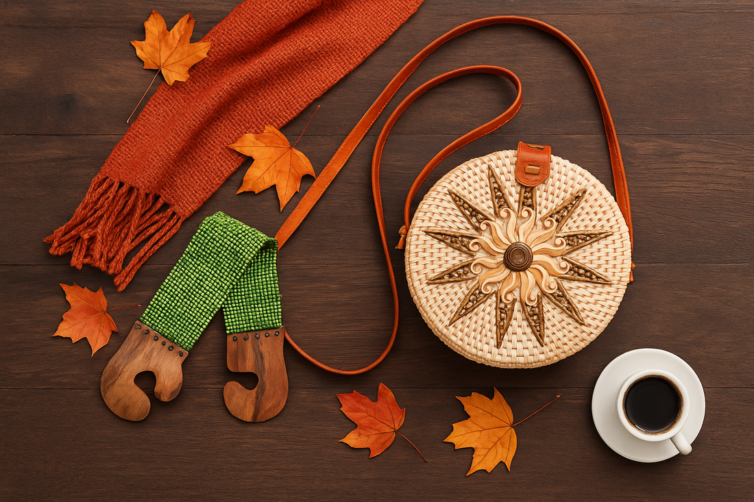 Cozy fall weekend flat lay with handmade rattan bag, beaded belt with wooden buckle, coffee cup, scarf, and autumn leaves – boho chic handmade style.