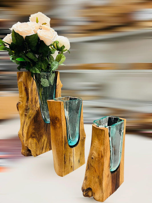 Handcrafted melted glass vase on teakwood base – organic natural home décor piece