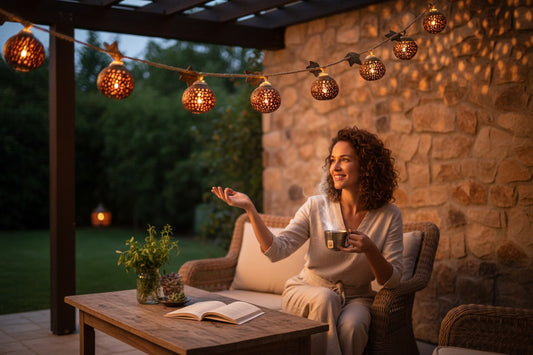 Woman sitting on a patio at night, holding a drink and looking relaxed with coco string lights.