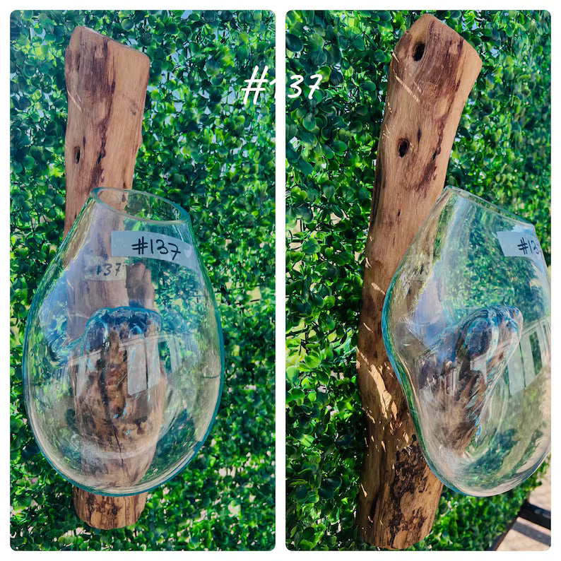 Two views of a glass container with wooden support against a green leafy background.