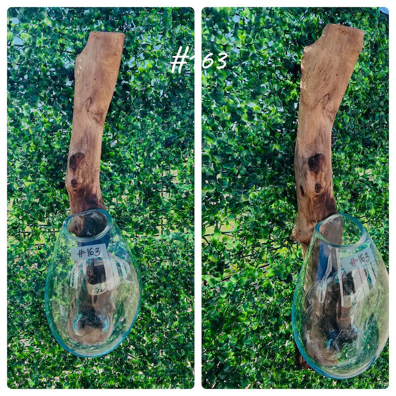 Two views of a glass bottle with a wooden handle against a green leafy background.