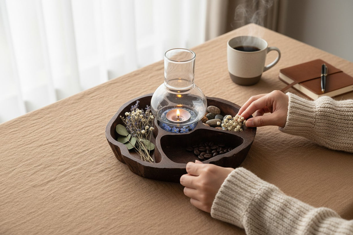Teak wood tea light holder with Tray