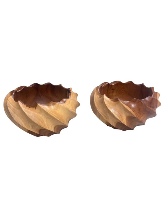 Set of 2 sculptural teakwood serving bowls with carved design