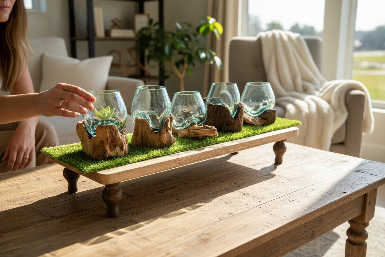 Person arranging small glass terrariums on a wooden tray in a cozy living room.
