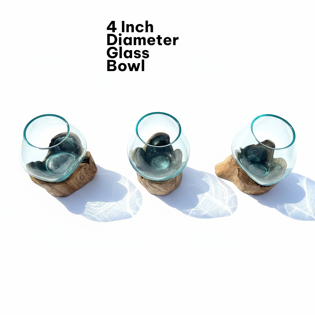 Three 4-inch diameter glass bowls on a white background with text indicating their size.