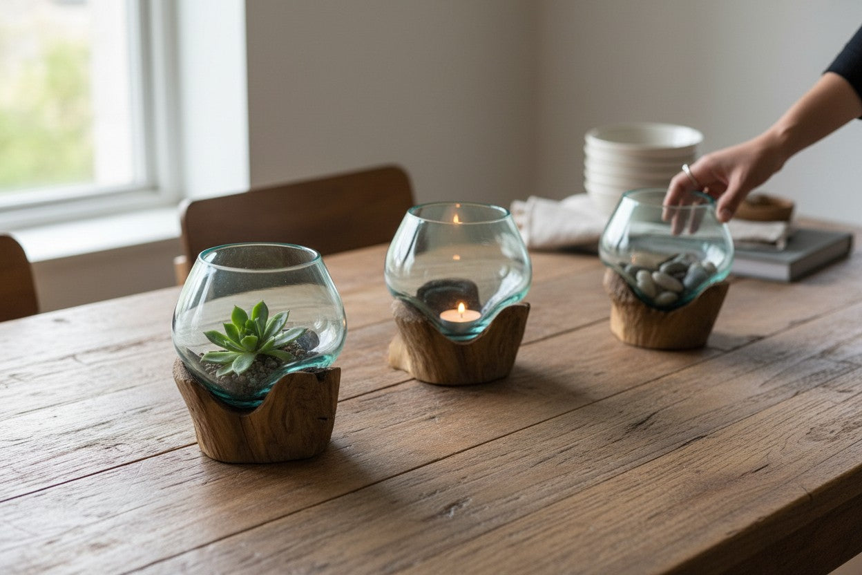 Three glass containers with wooden bases on a wooden table, one of which is being interacted with.