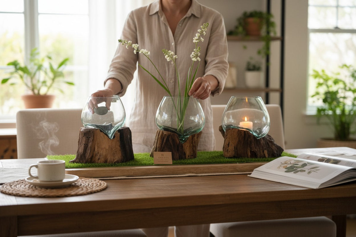 Person arranging decorative elements on a table with plants and candles.