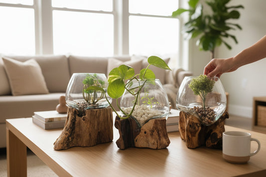 Three glass terrariums with plants on a wooden table in a living room.