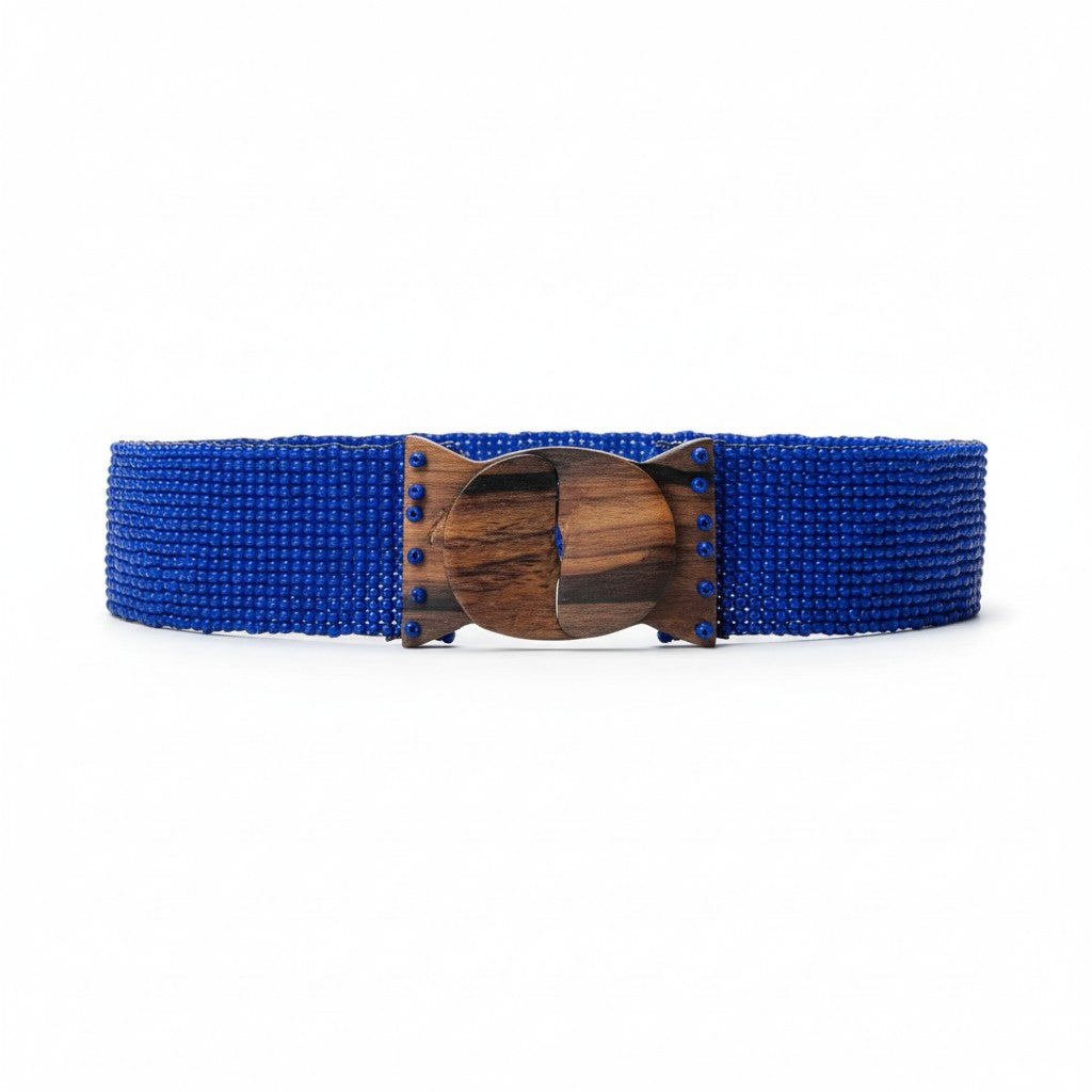 Blue beaded belt with a wooden buckle on a white background