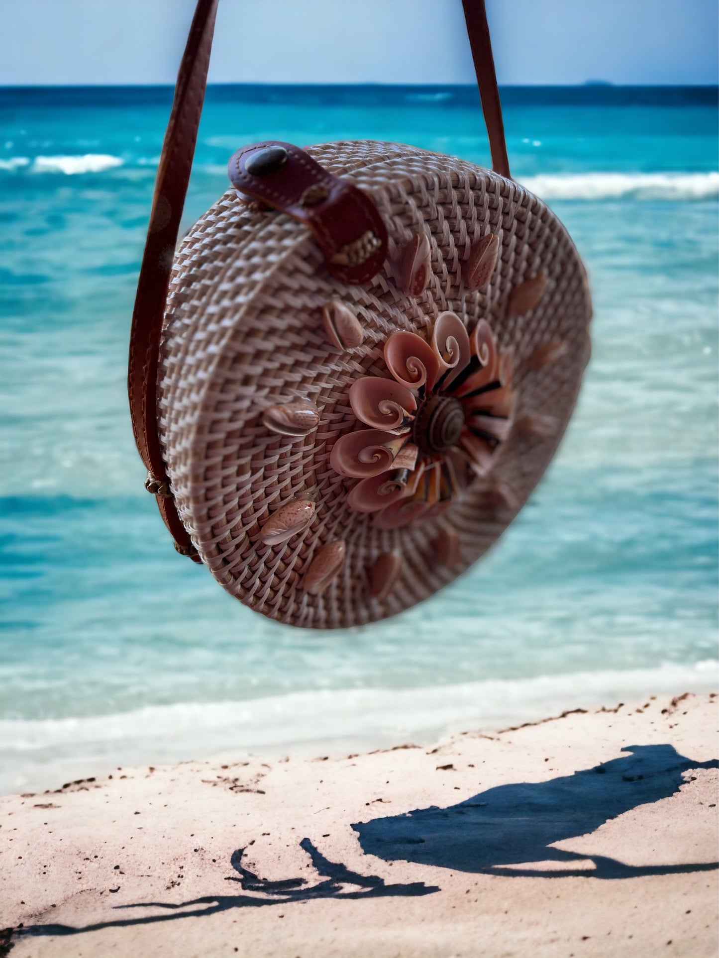 front view Round Rattan Crossbody with Sea Shells