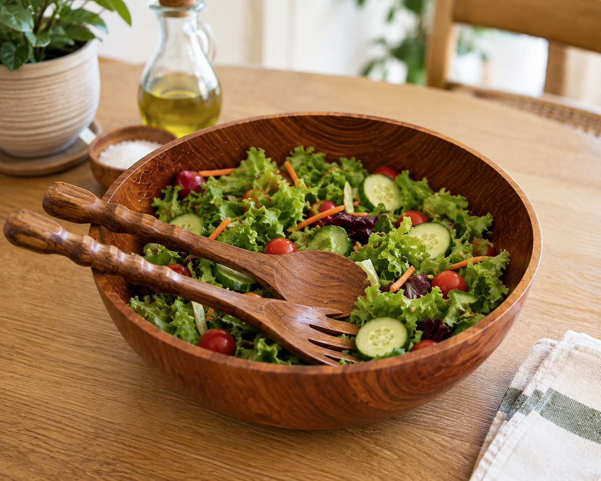 A large round wooden salad bowl filled with green lettuce, cucumber slices, cherry tomatoes, and shredded carrots, with two wooden serving utensils resting inside. The bowl sits on a wooden table in a bright kitchen setting, with a small plant, glass bottle of oil, and a folded cloth visible in the background.