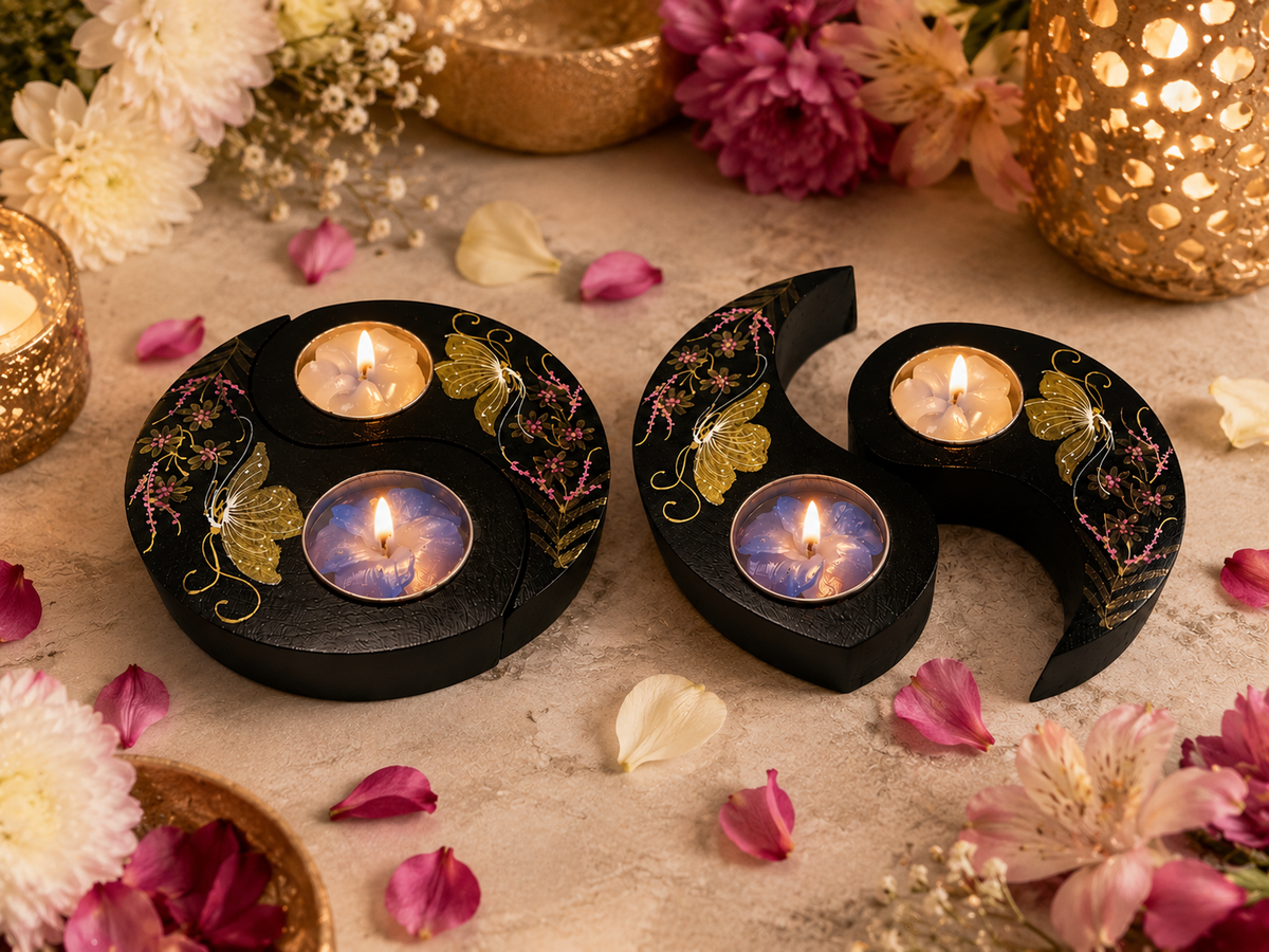 Ying Yang mango wood candle holder