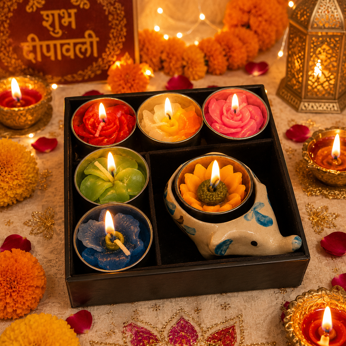 A boxed set of decorative tea light candles arranged on a festive Diwali table setting. The black tray holds six round tea lights in red, orange, yellow, green, blue, and a large elephant-shaped tealight holder with a yellow flower design.
