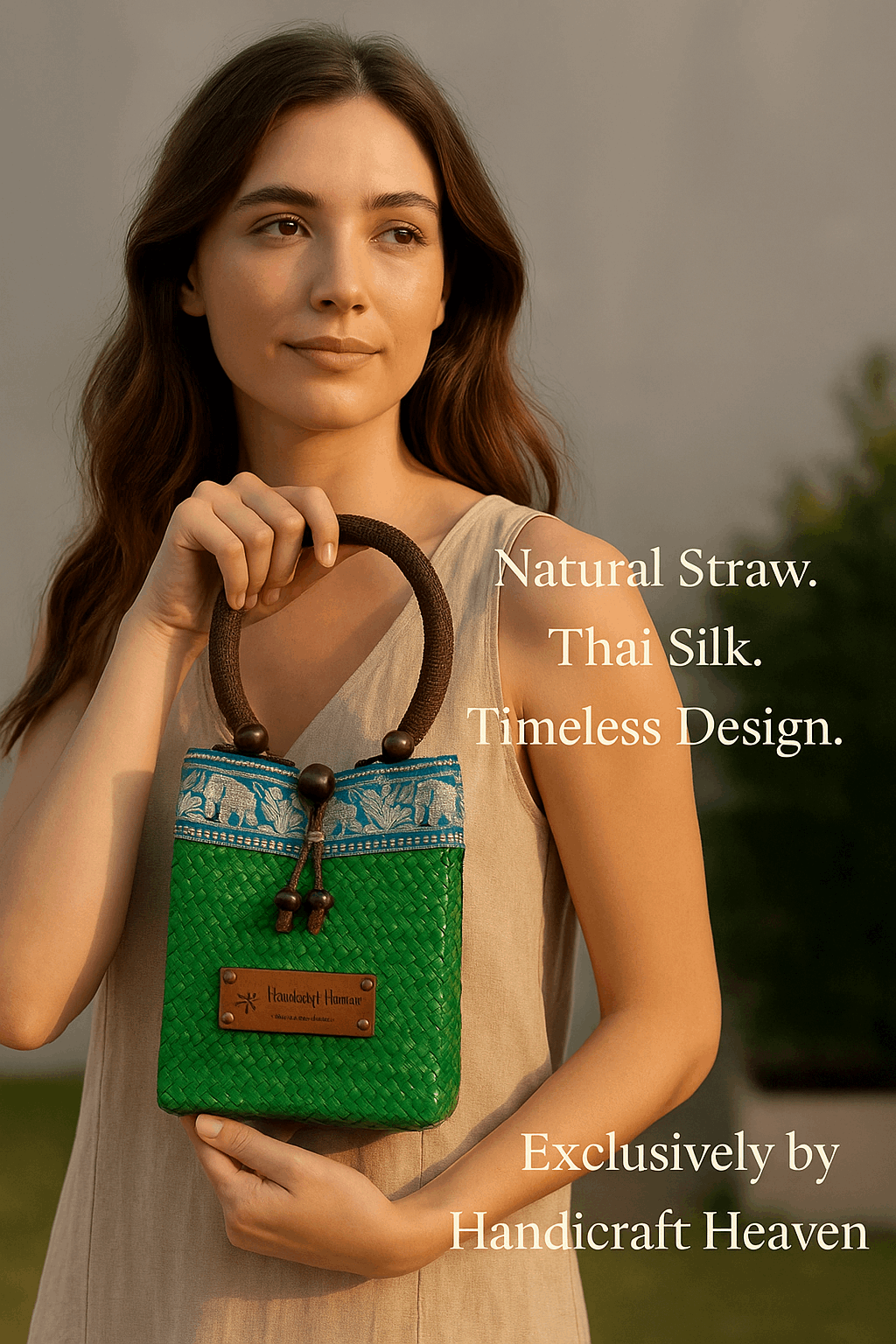 Handmade Mini Tote Top Handle Bag – Vintage Thai Straw with Silk Border