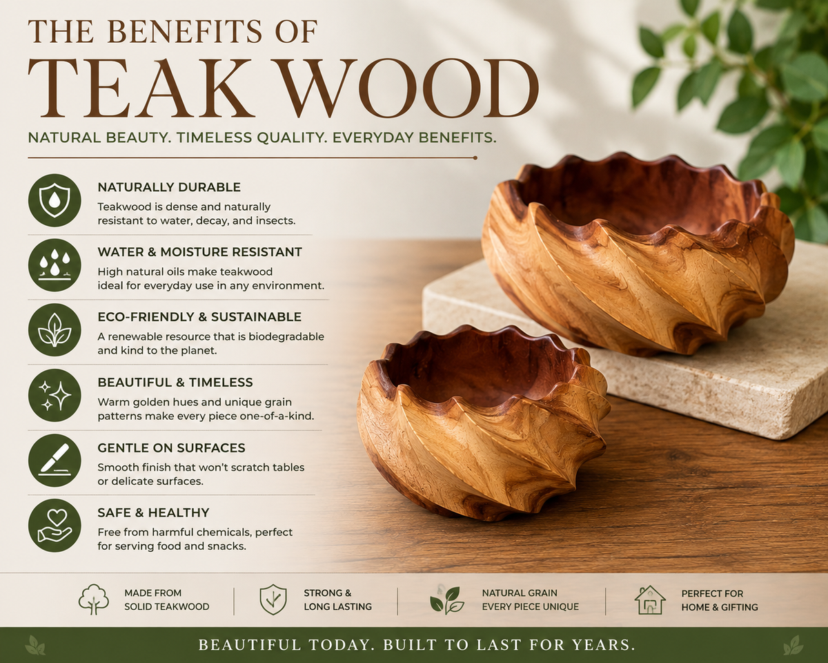 Set of 2 sculptural teakwood serving bowls with carved design