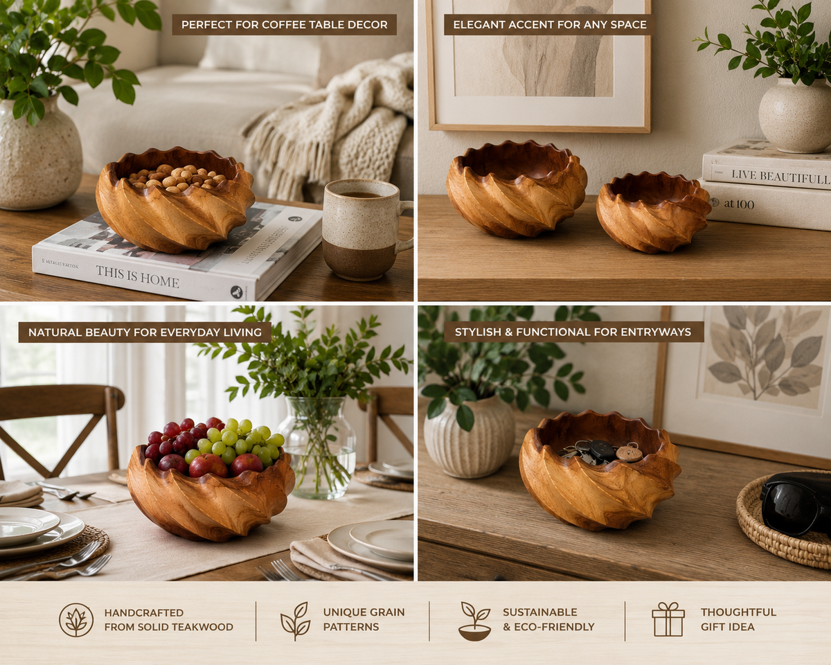 Set of 2 sculptural teakwood serving bowls with carved design