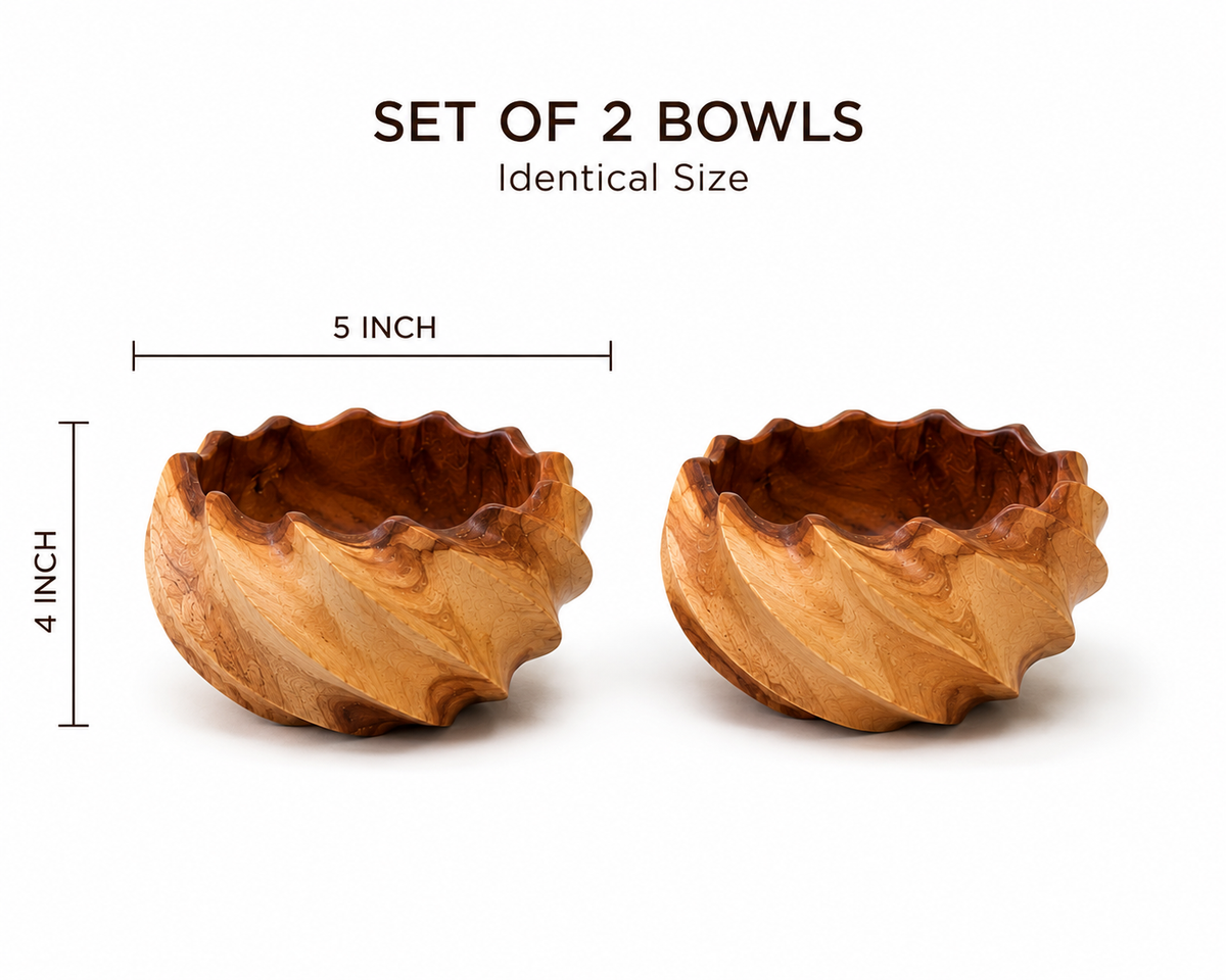 Set of 2 sculptural teakwood serving bowls with carved design