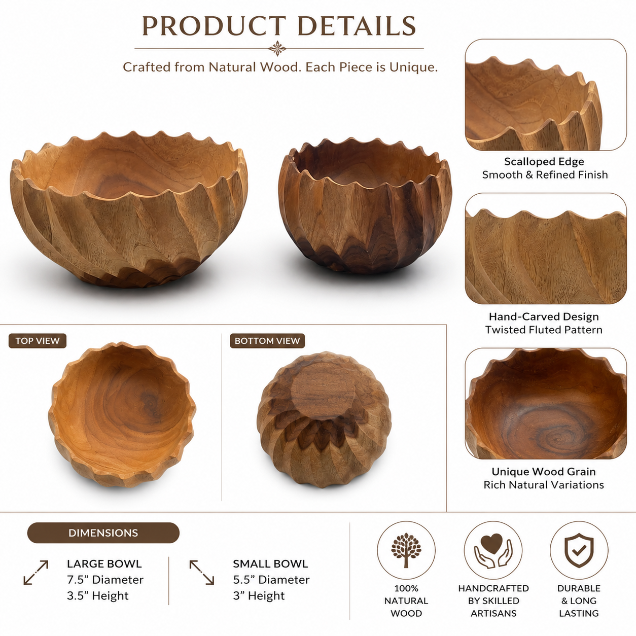 Set of 2 fluted teakwood serving bowls in large and small sizes