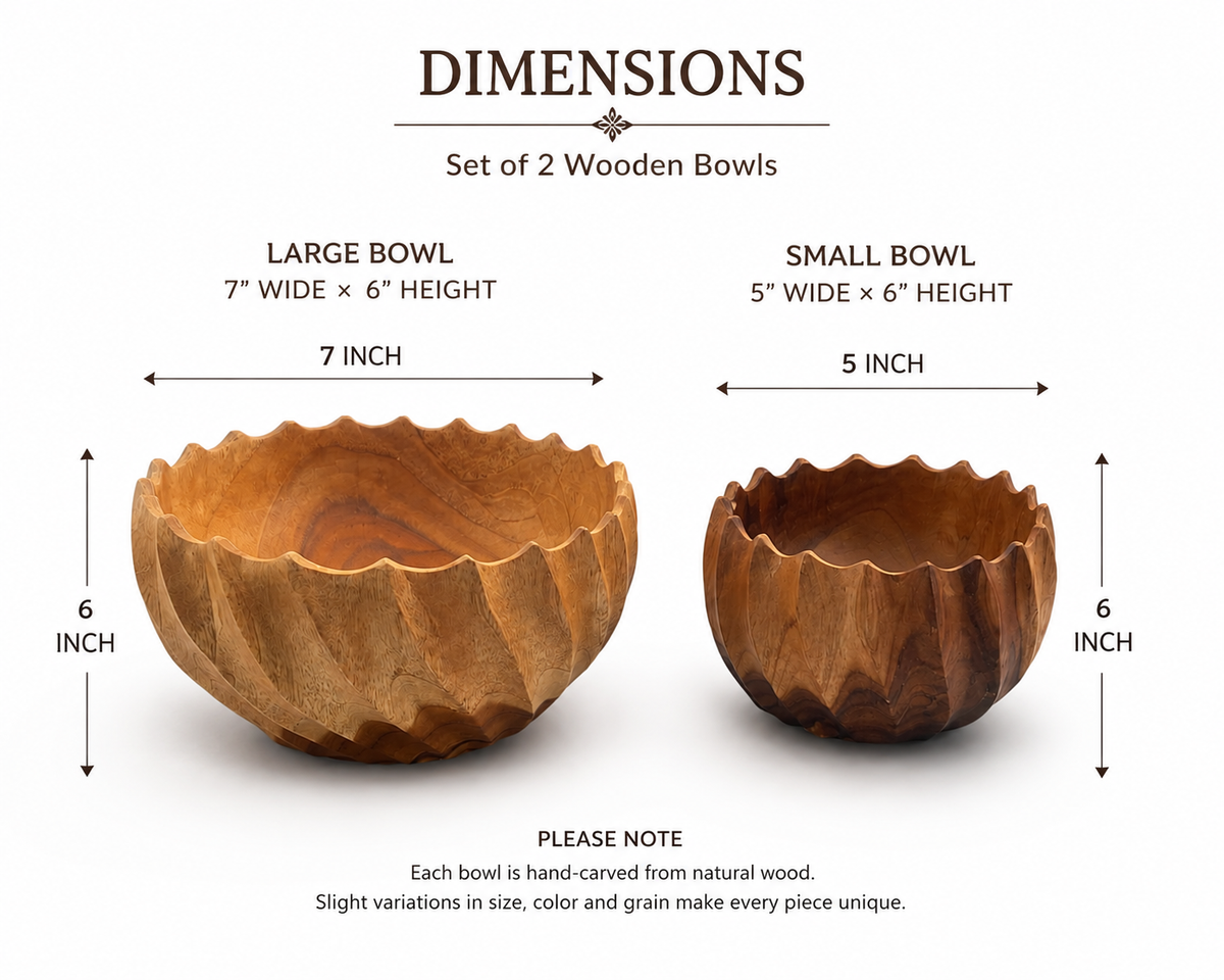 Set of 2 fluted teakwood serving bowls in large and small sizes
