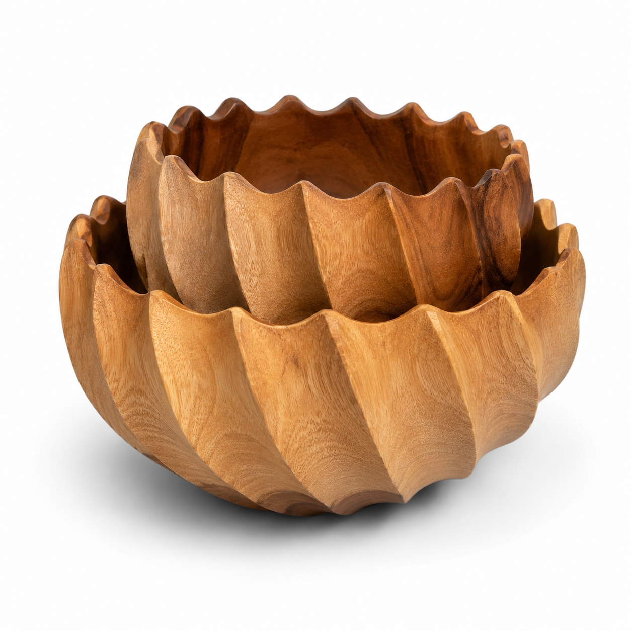 Set of 2 fluted teakwood serving bowls in large and small sizes