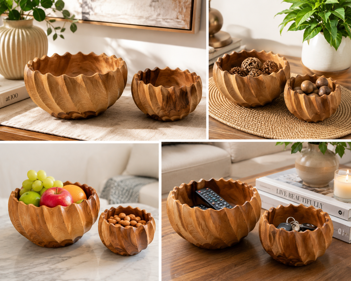 Set of 2 fluted teakwood serving bowls in large and small sizes