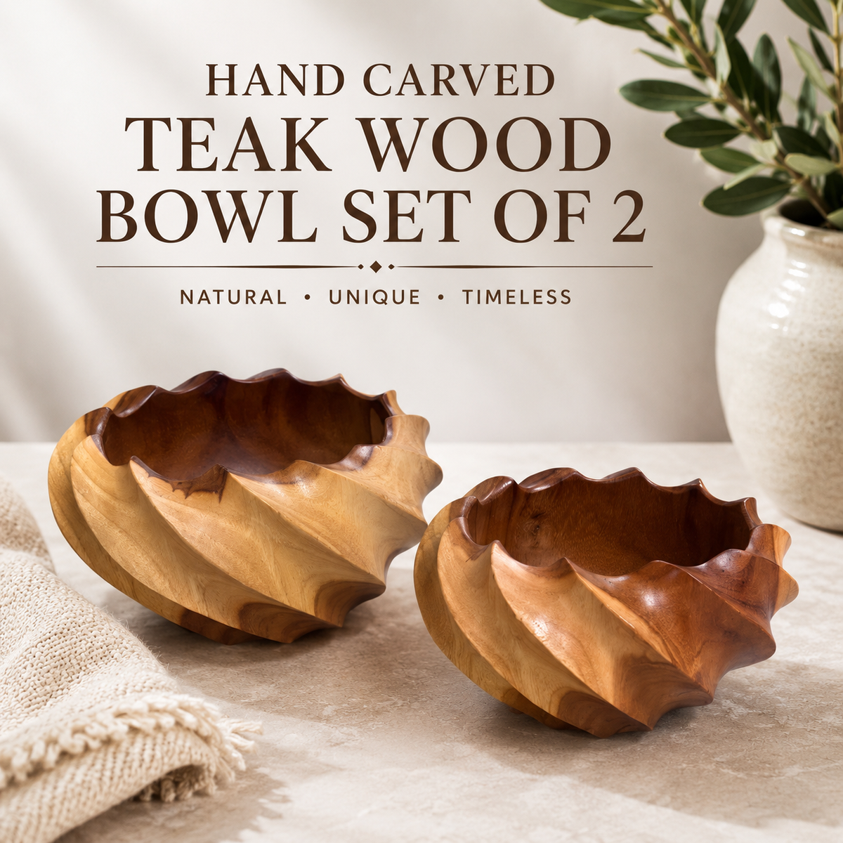 Set of 2 sculptural teakwood serving bowls with carved design