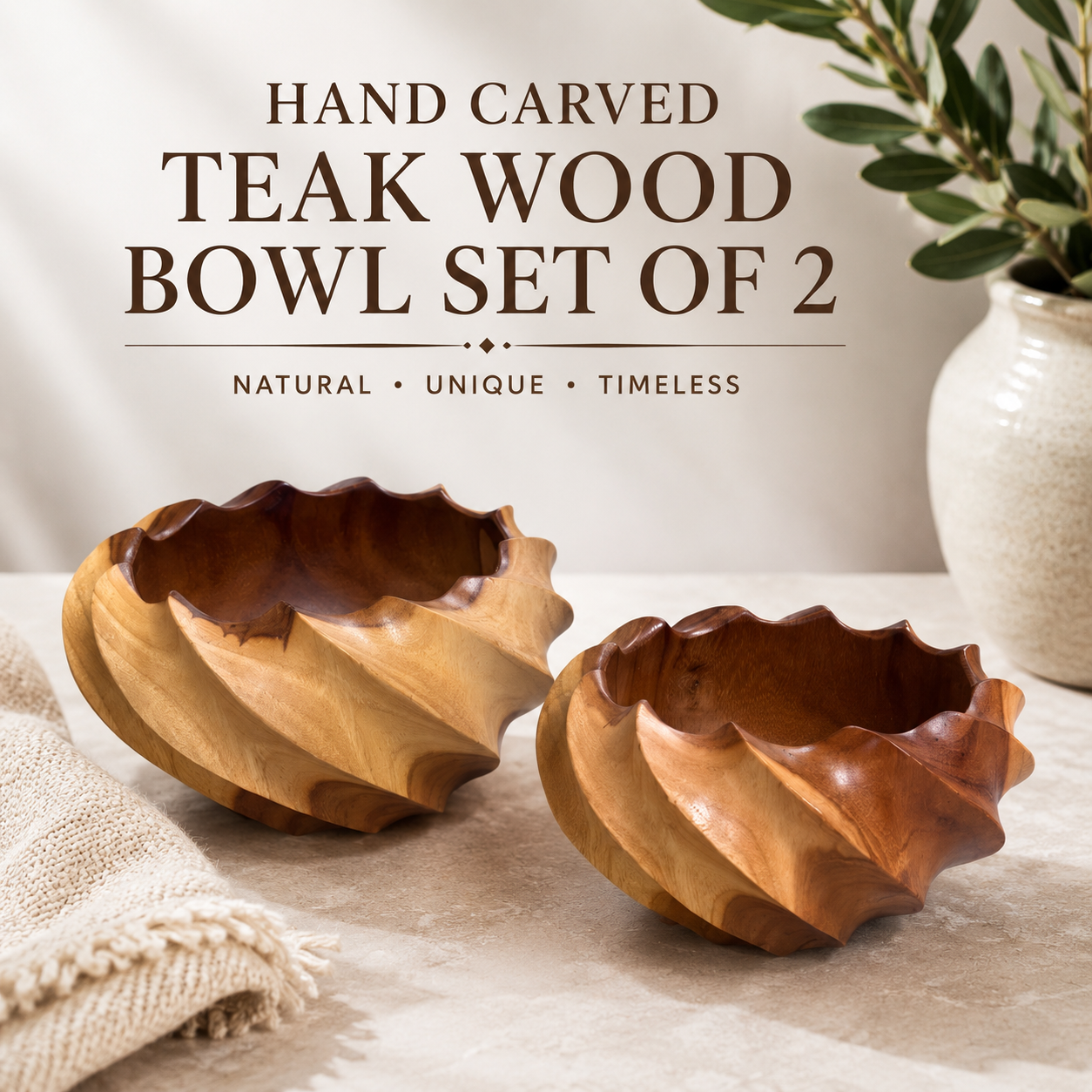 Set of 2 sculptural teakwood serving bowls with carved design