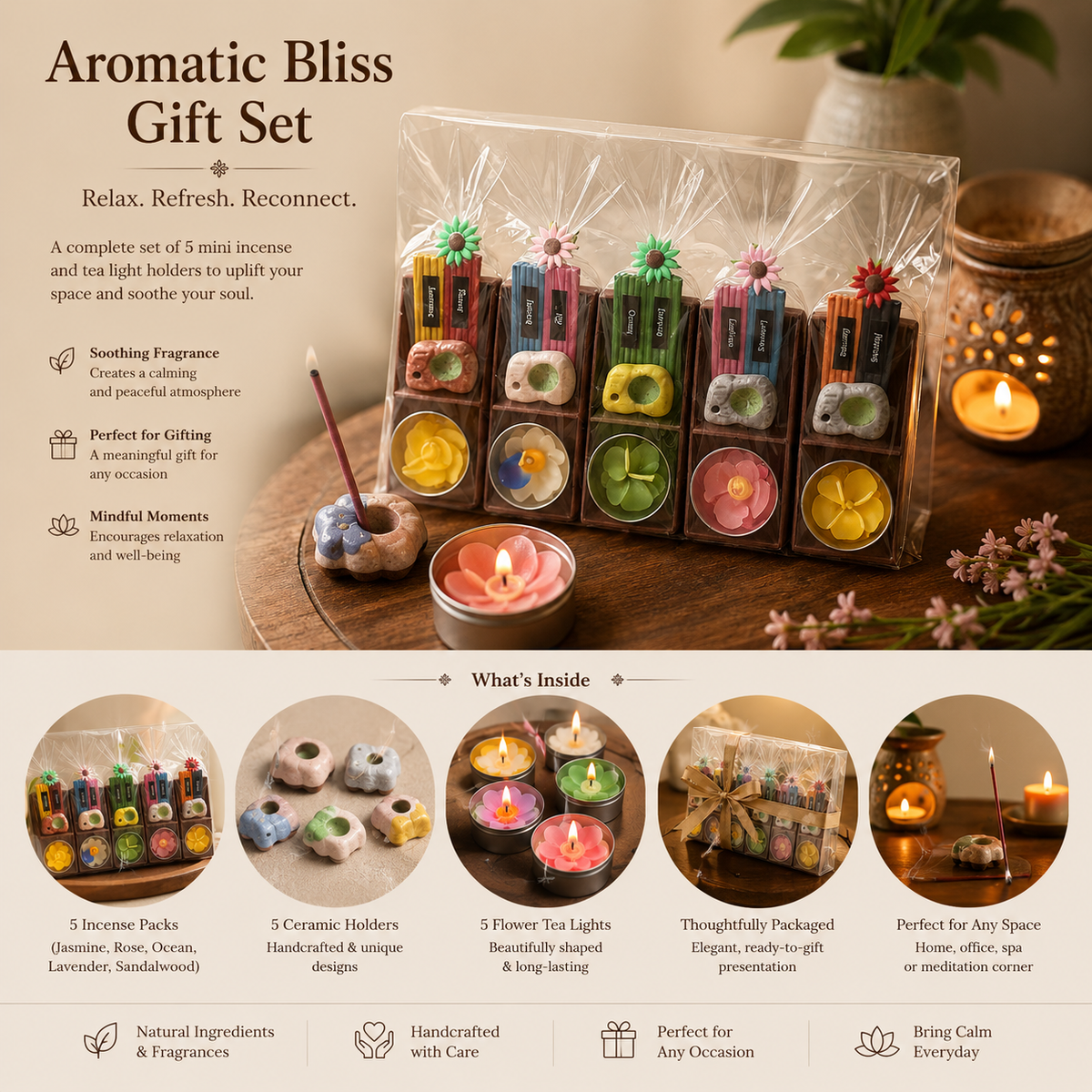 Aromatherapy gift set featuring five mini incense sticks, five ceramic candle holders, and five flower tea lights in a clear gift box, displayed on a wooden surface with lit candles and spa-themed props.