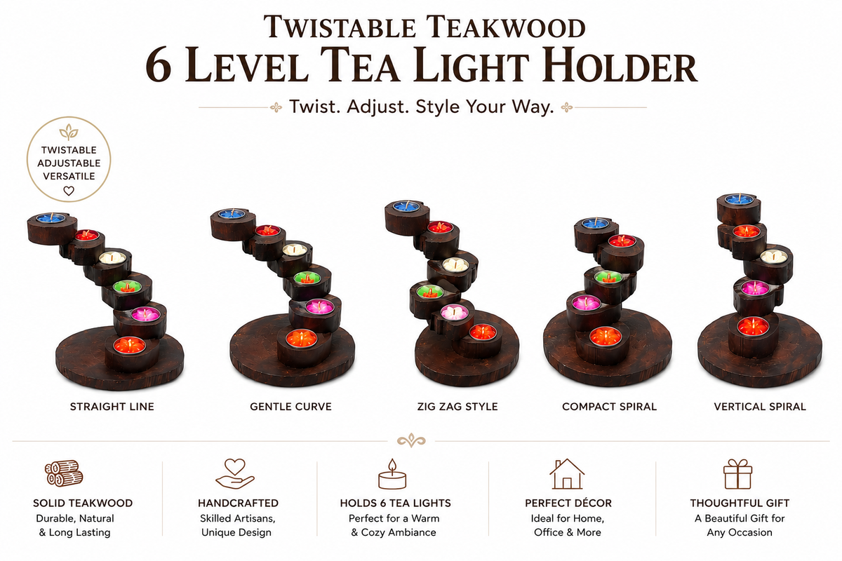 A set of five dark wooden tea light candle holders with lit tealight candles 