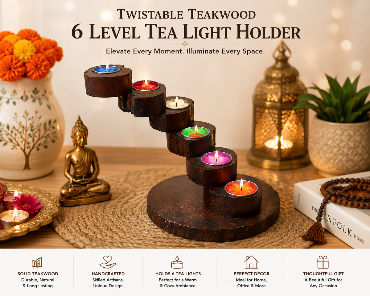 A set of five dark wooden tea light candle holders with lit tealight candles 