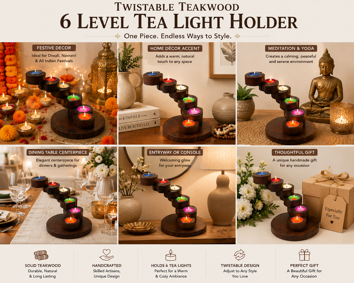 A promotional collage for the Twistable Teakwood 6 Level Tea Light Holder, showing the dark brown wooden holder with six tiers of colorful tea lights in various styled home and dining environments.