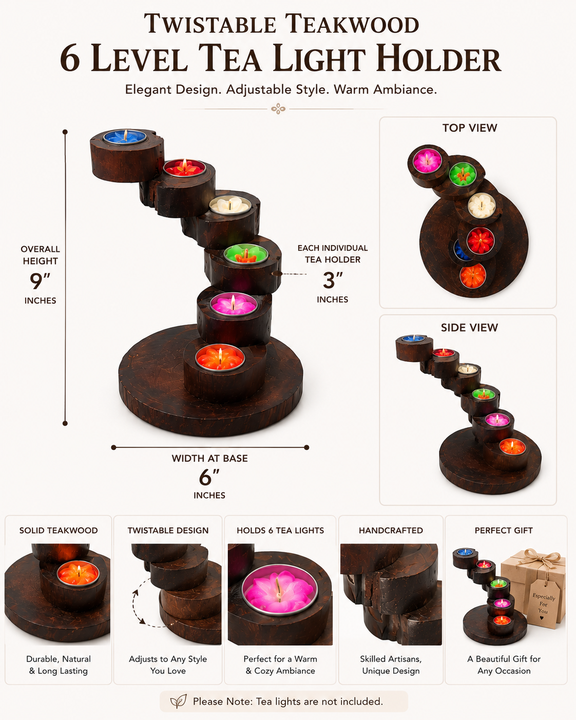 A set of five dark wooden tea light candle holders with lit tealight candles 