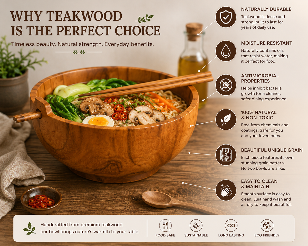 A wooden bowl filled with a prepared meal on a rustic table, surrounded by marketing text and icons highlighting its benefits: durable, moisture resistant, antimicrobial, natural, and easy to clean. The image is branded as a teawood table bowl promotional graphic.