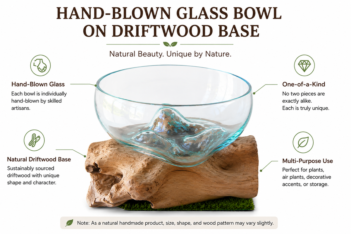 Hand blown glass bowl on driftwood