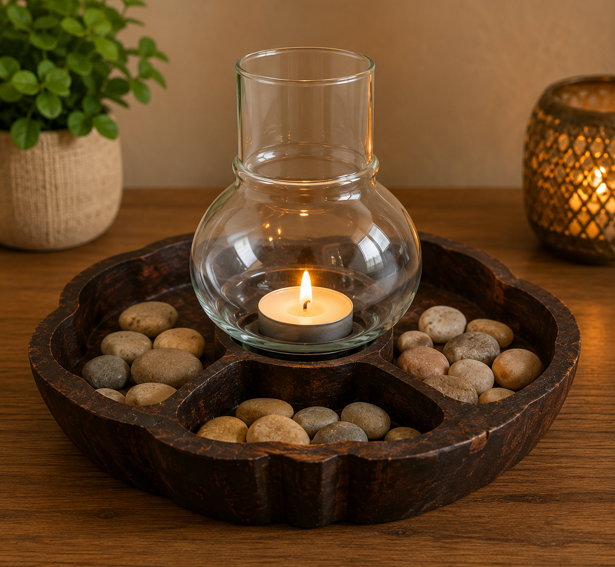 Teak wood tea light holder with Tray