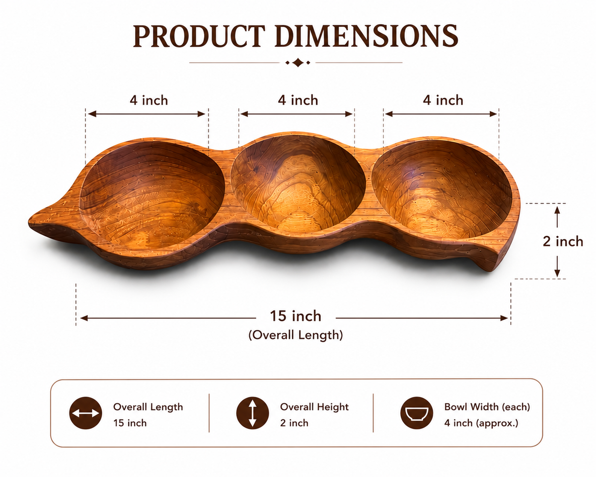 Pea-shaped teakwood 3-section serving tray for snacks and appetizers