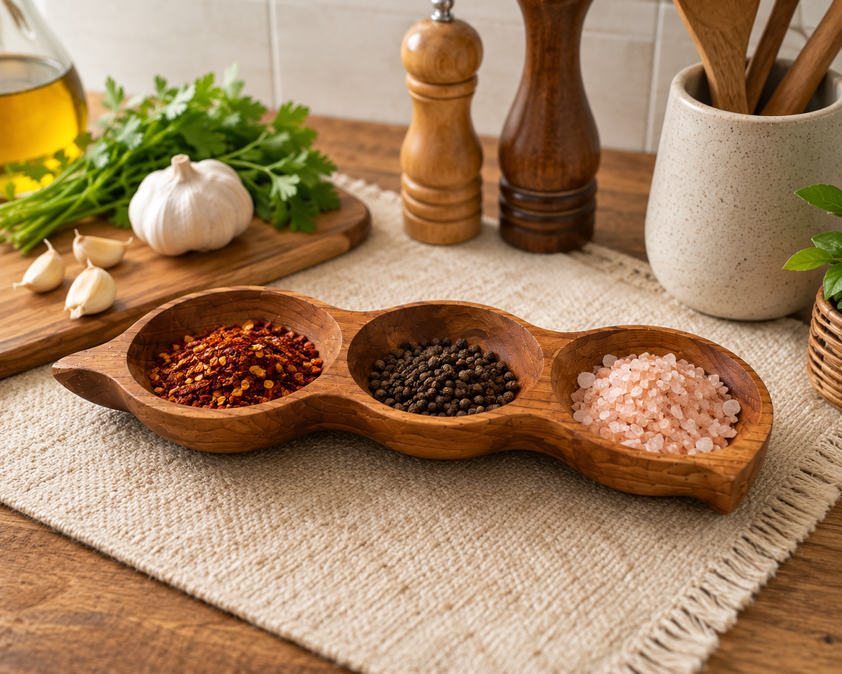 Pea-shaped teakwood 3-section serving tray for snacks and appetizers