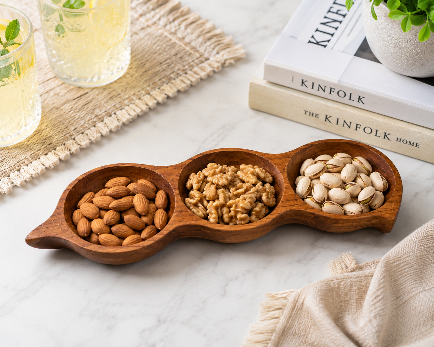 Pea-shaped teakwood 3-section serving tray for snacks and appetizers