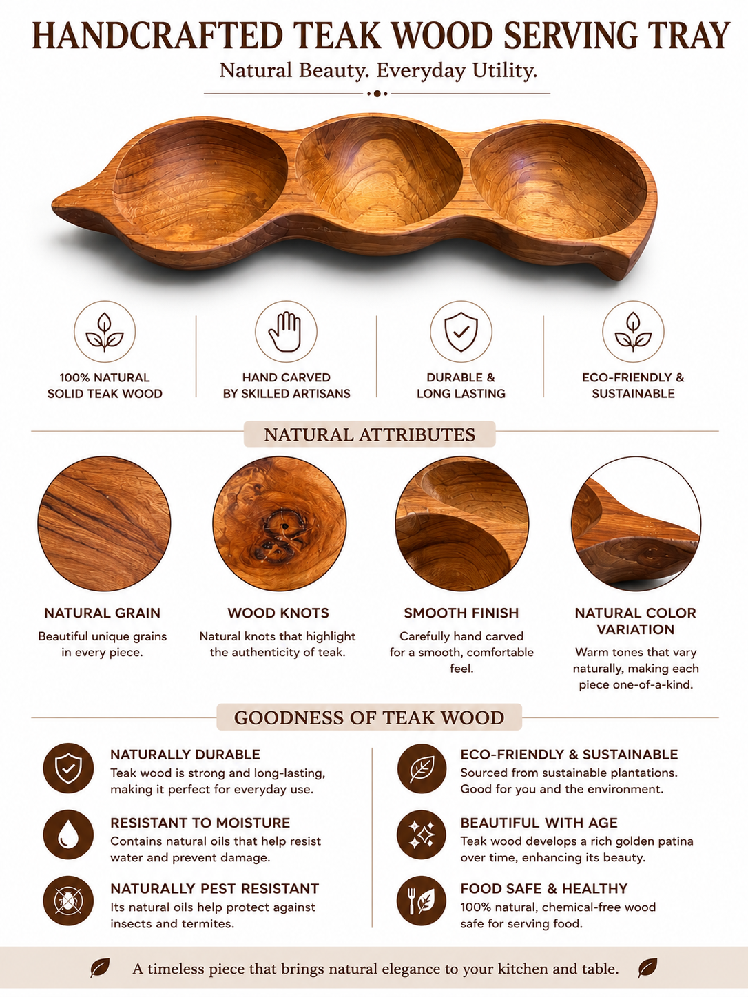 Pea-shaped teakwood 3-section serving tray for snacks and appetizers