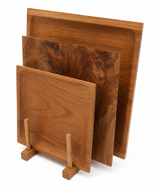 Square teakwood serving plates in small medium and large sizes