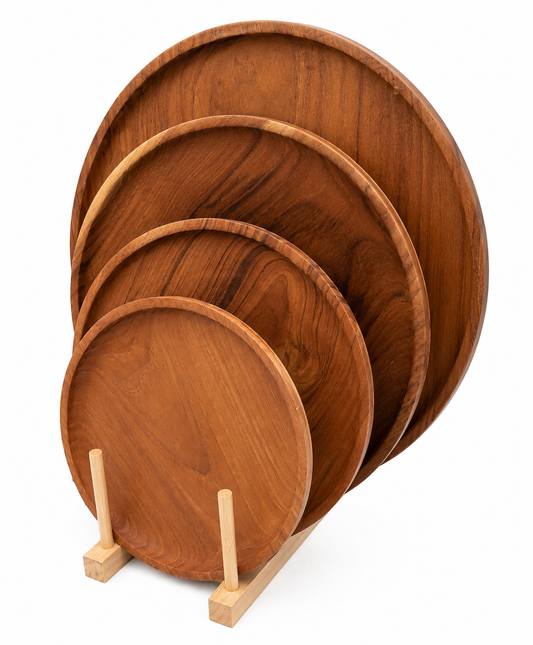 Round teakwood serving plates in four sizes