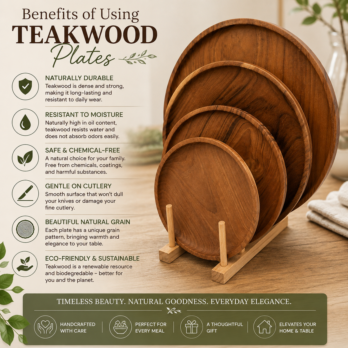 Three round wooden cutting boards of varying sizes displayed on a wooden stand, with a text overlay detailing the benefits of using Teakwood plates, set against a warm beige background with a blurred kitchen scene.