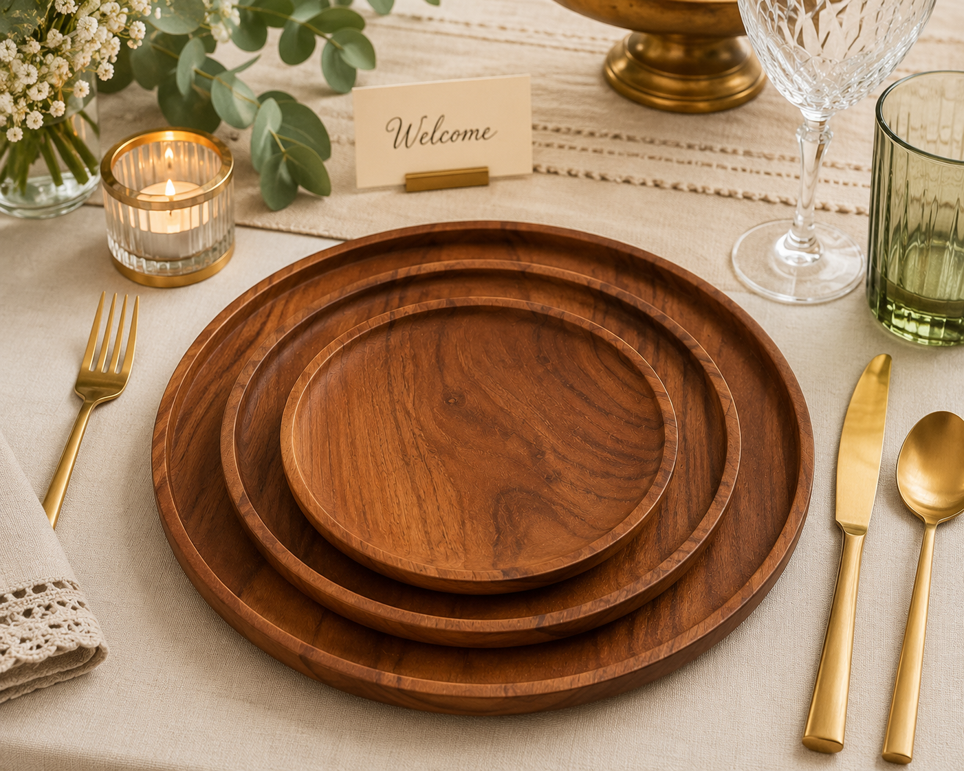 Three nested round wooden plates in varying sizes arranged on a beige tablecloth, styled with gold-toned flatware, a candle, flowers, and glassware.