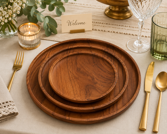 Three nested round wooden plates in varying sizes arranged on a beige tablecloth, styled with gold-toned flatware, a candle, flowers, and glassware.