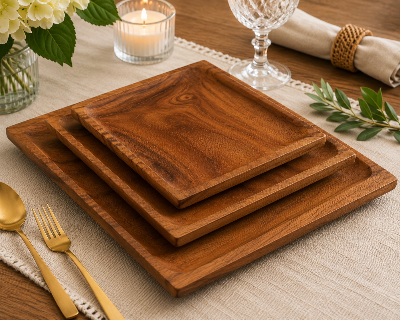 Three nested square wooden serving trays with a rich medium-brown finish, styled on a beige tablecloth with gold-toned cutlery, a candle, and glassware.