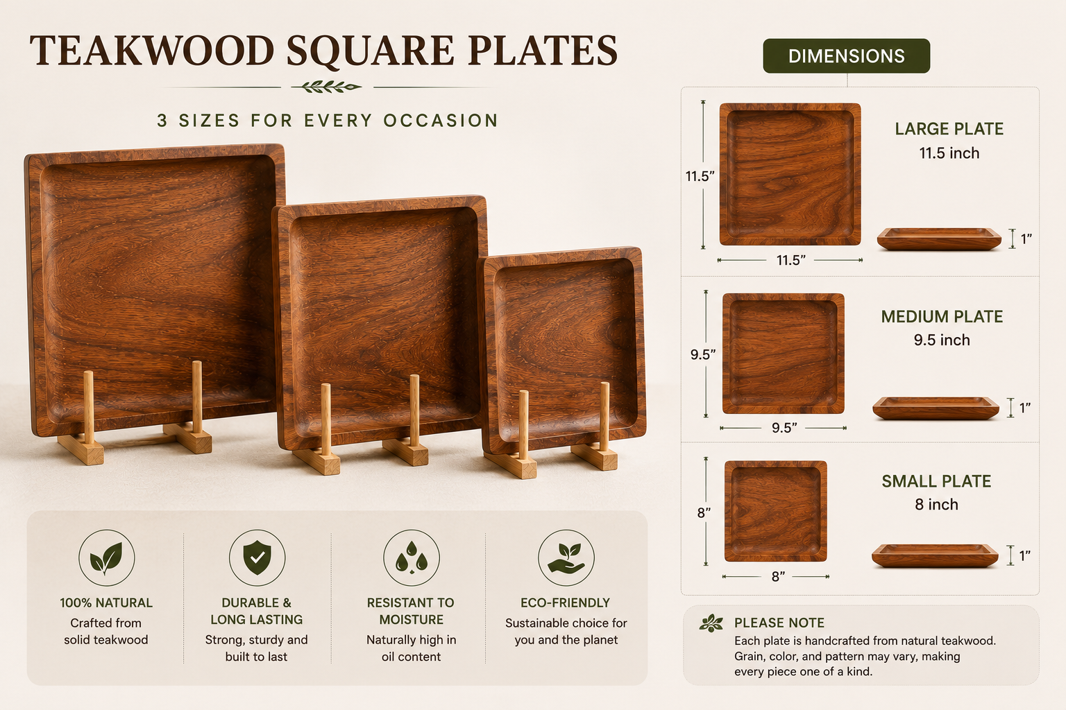 Three square teakwood serving trays in large, medium, and small sizes displayed on wooden stands against a beige background, with dimensions, material benefits, and size guides labeled.
