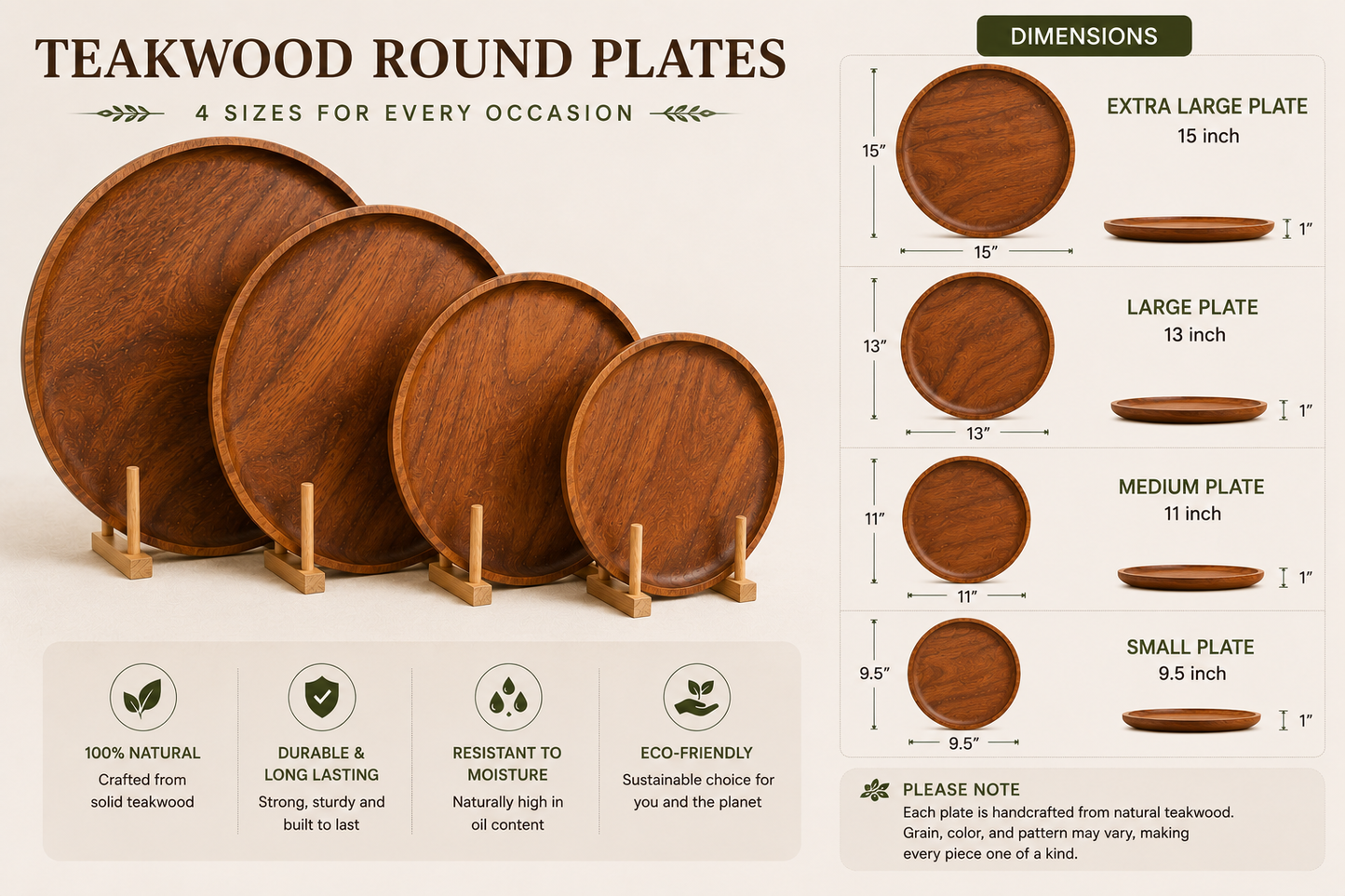 Teakwood round plates in four sizes displayed on a wooden stand, with a dimension chart and product features on a beige background.